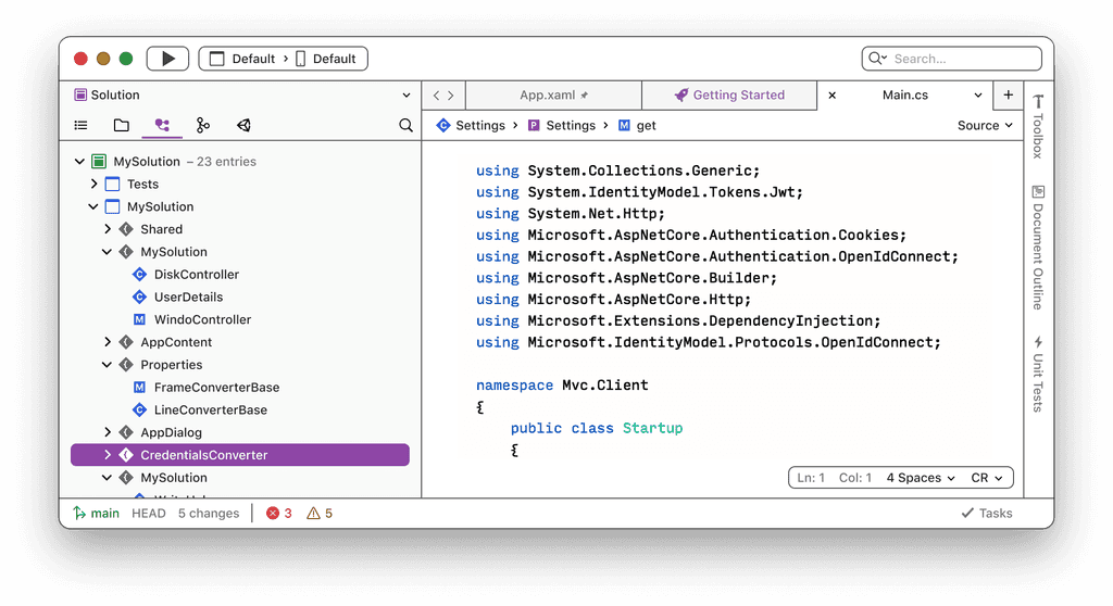 A screenshot showing Visual Studio for Mac 17 in the high contrast light theme