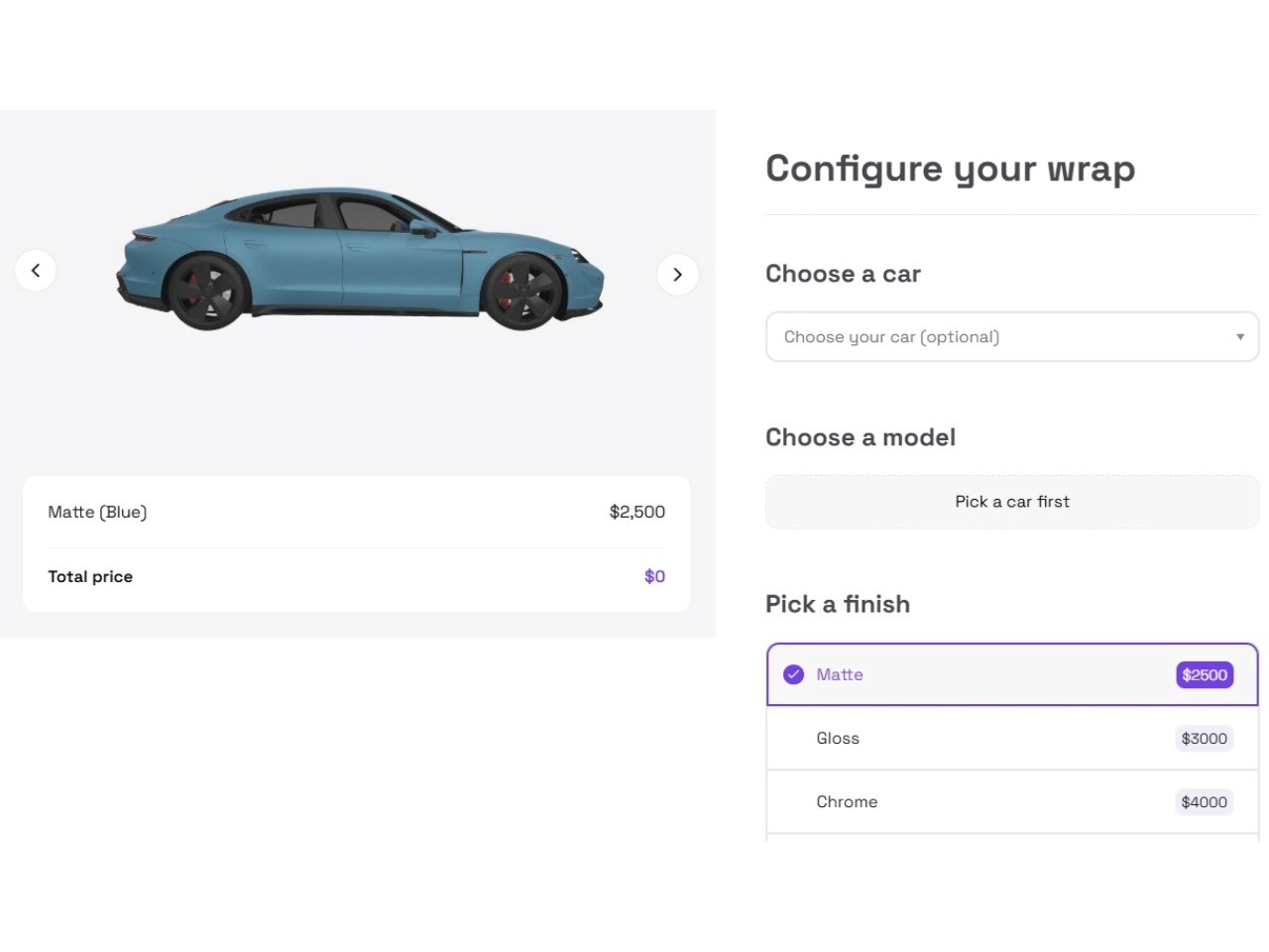 car wrap product configurator
