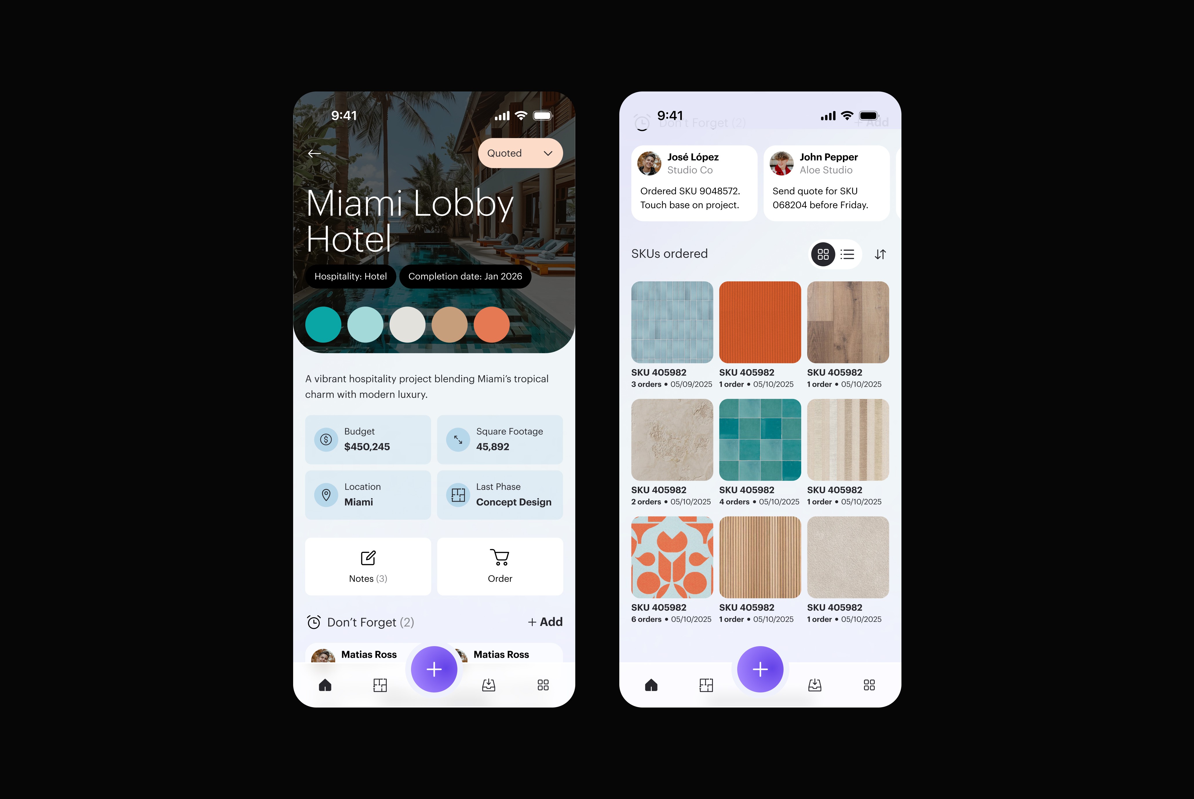 The Project PDP was designed to surface the essentials at a glance: the project’s color palette and key information needed to understand its goals. We also included the samples ordered for that project, offering a clear snapshot of the lead’s overall needs.