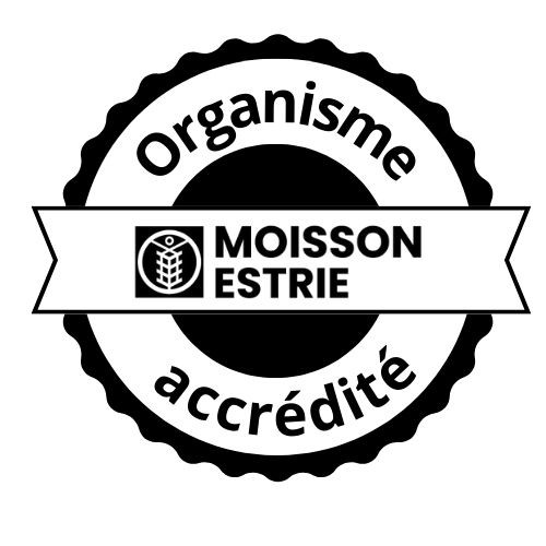 Logo de Moisson Estrie, banque alimentaire régionale, avec un épi stylisé noir sur fond blanc.