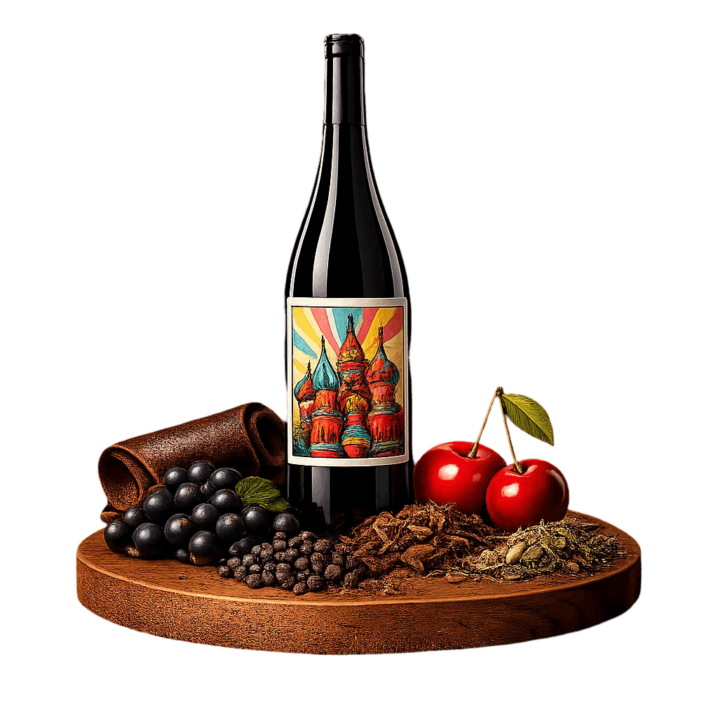 Artistic label and flavor profile for Russian Red Blend on a rustic wooden table.