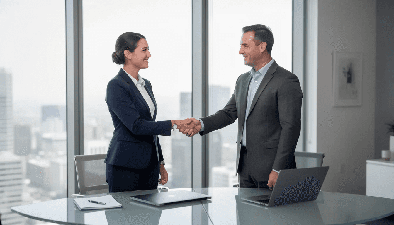 In an office setting, two professionals are shaking hands, symbolizing a successful partnership in financial planning services. This interaction reflects the importance of collaboration among certified financial planners and investment advisors to help clients achieve their financial goals and secure their financial future.