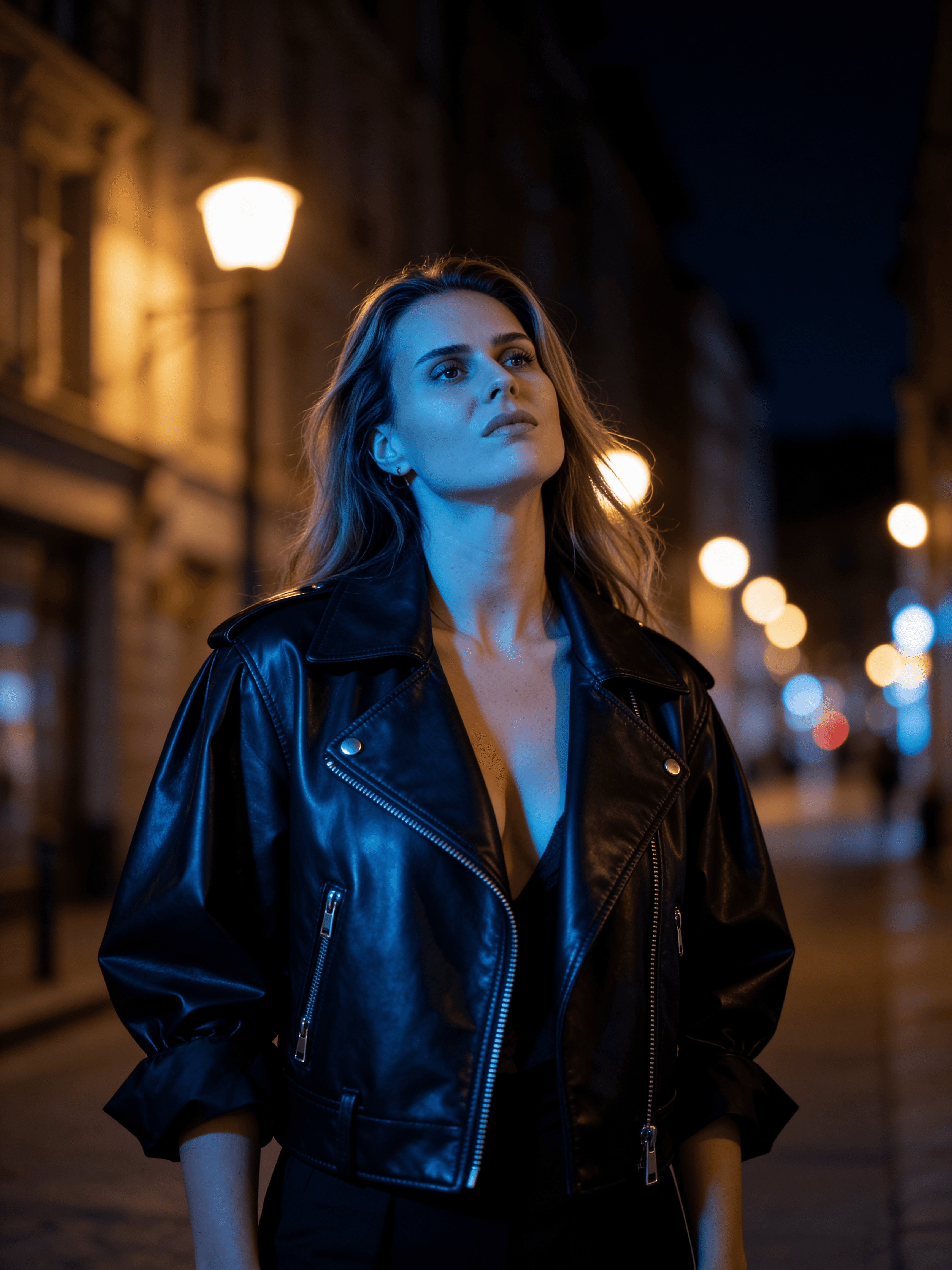 KI-Model im eleganten Satinhemd steht seitlich vor unscharfen warmen Lichtern, mit ruhigem Ausdruck und dezentem Make-up in modernem Ambiente