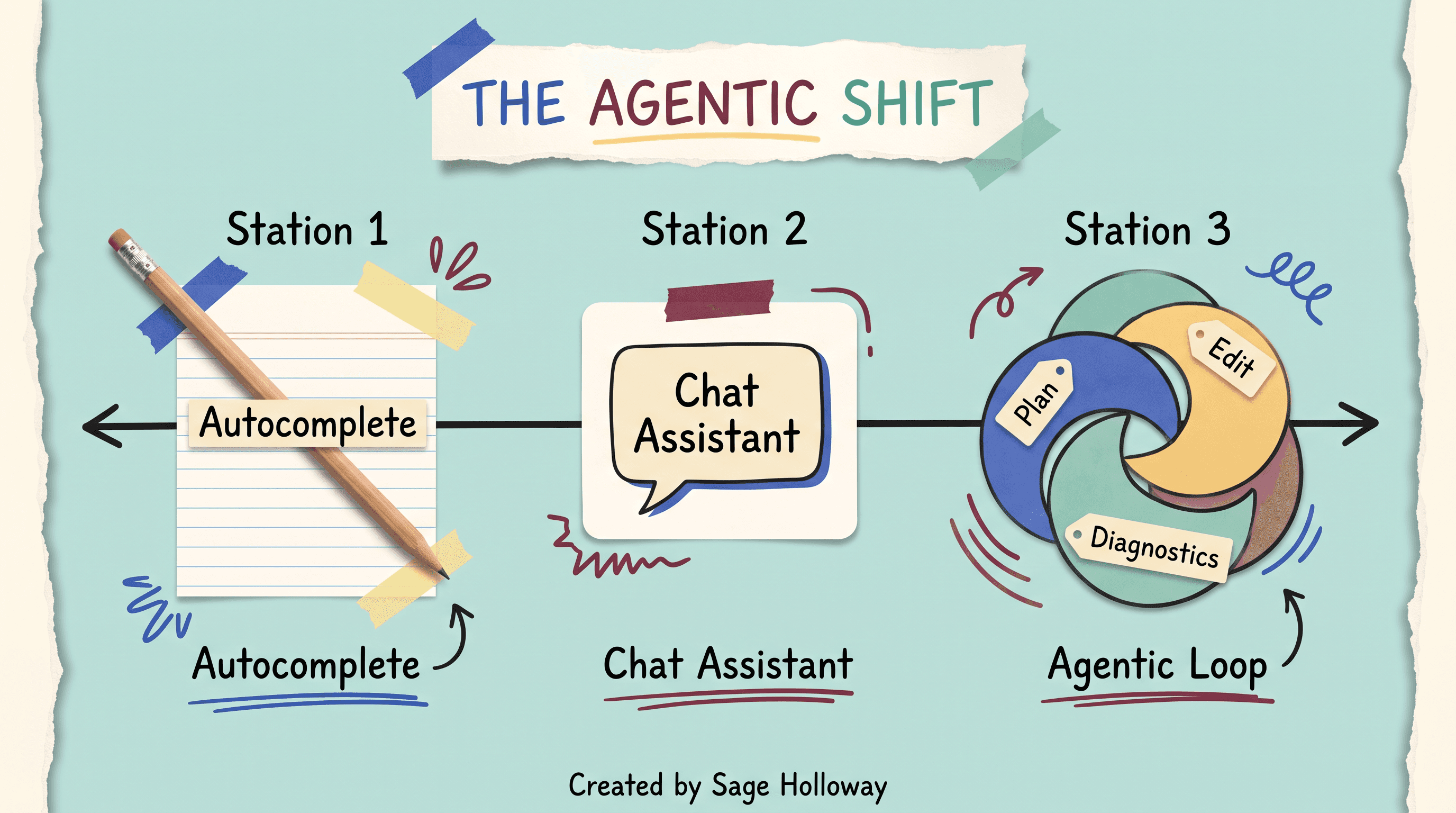 Scrapbook diagram comparing inline autocomplete, conversational chat, and the Claude Code agentic loop