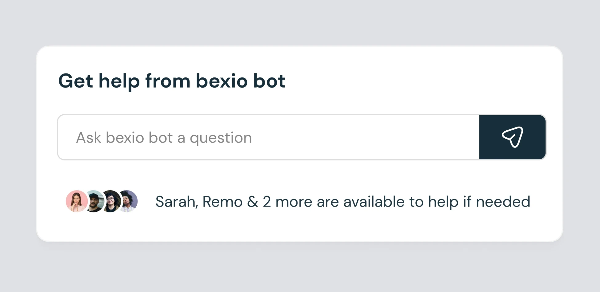 Chat interface for bexio bot with search field and support agents' avatars, offering instant assistance for financial platform users.