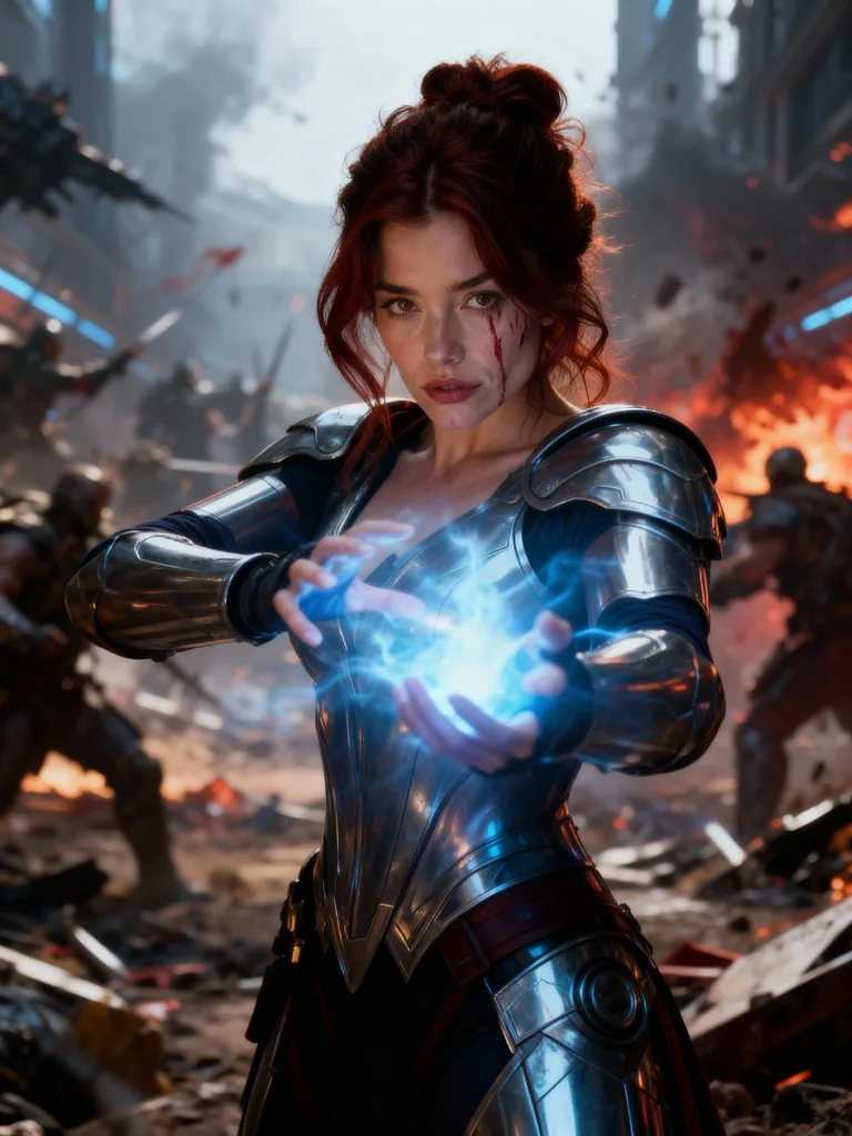 veo 3.1 woman firing energy blast in sci-fi hallway.