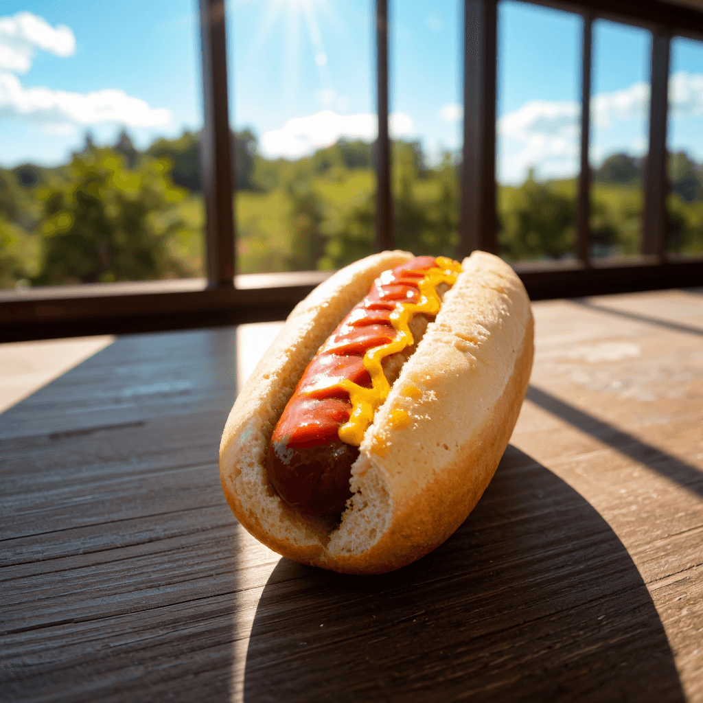product photography of a hot dog in a bun with mustard and ketchup