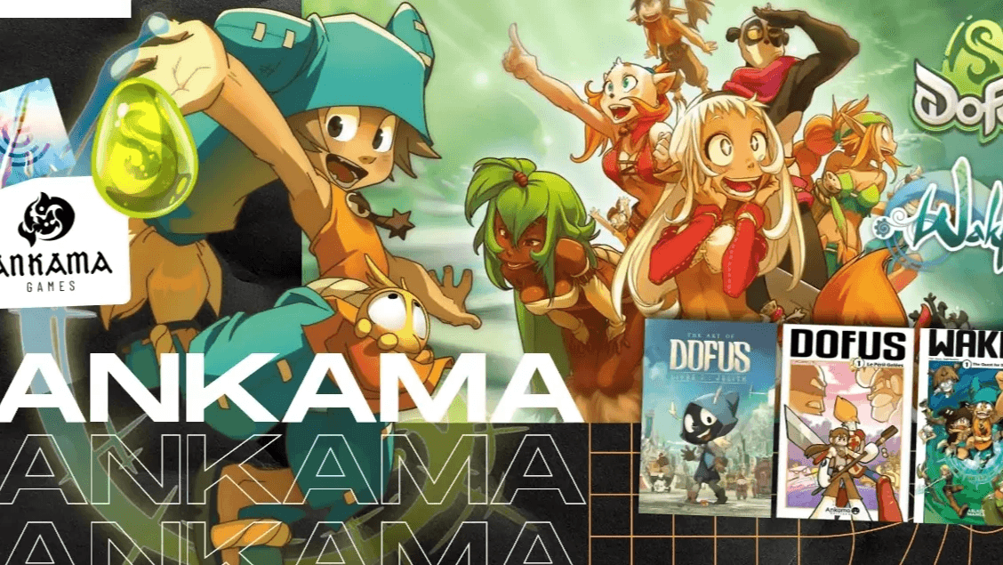 Montage des univers Ankama : personnages de Dofus et Wakfu, mangas et logo du studio