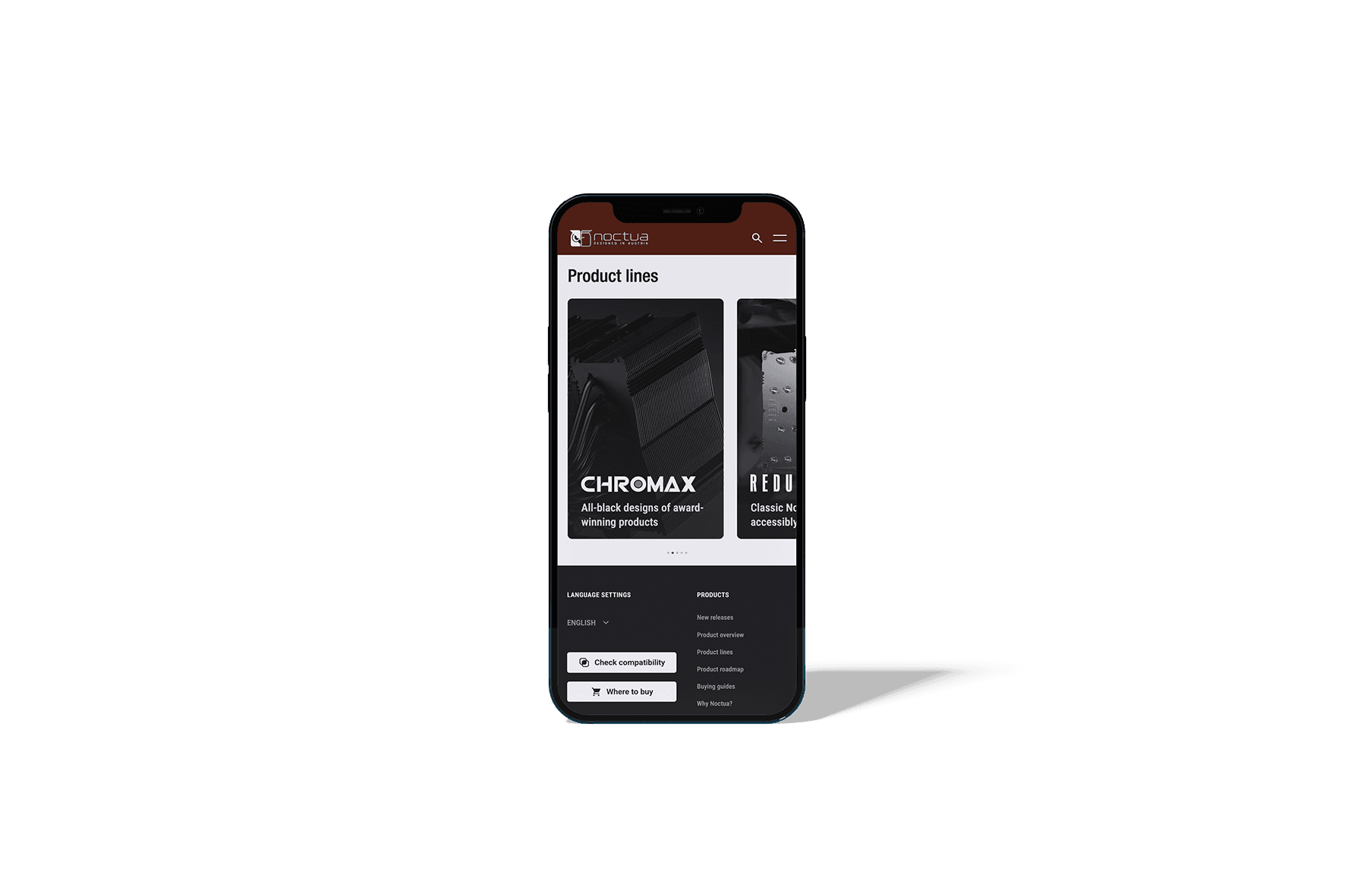 Mobile Ansicht der noctua.at Website mit Produktlinien und Navigation