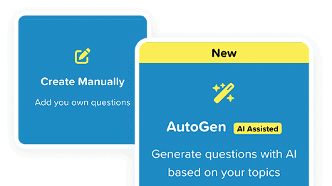 Factile game creation screen showing Create Manually and AutoGen AI assisted options for generating questions