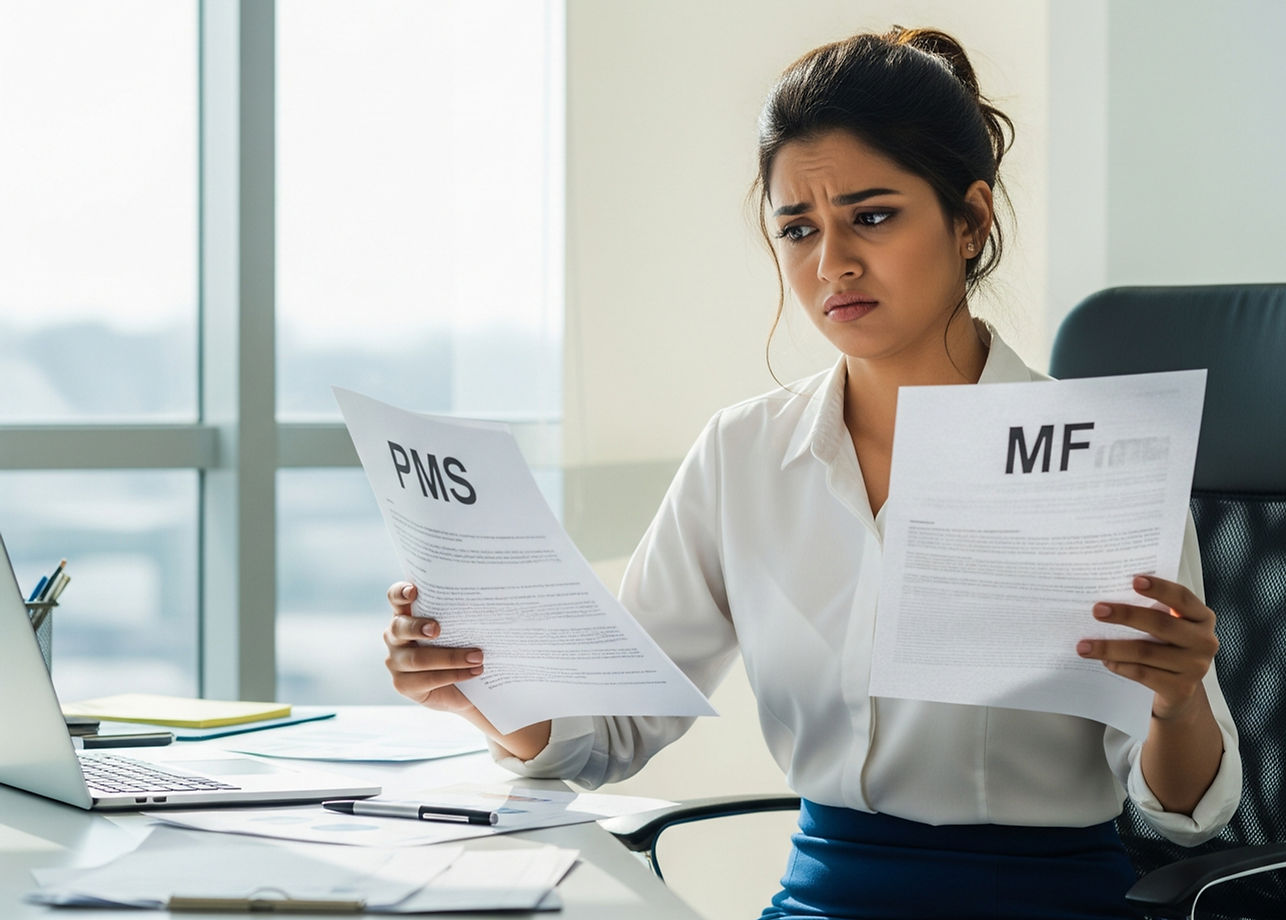 Woman in an office holding papers labeled "PMS" and "MF," looking confused. A laptop is on the desk; daylight through large windows.