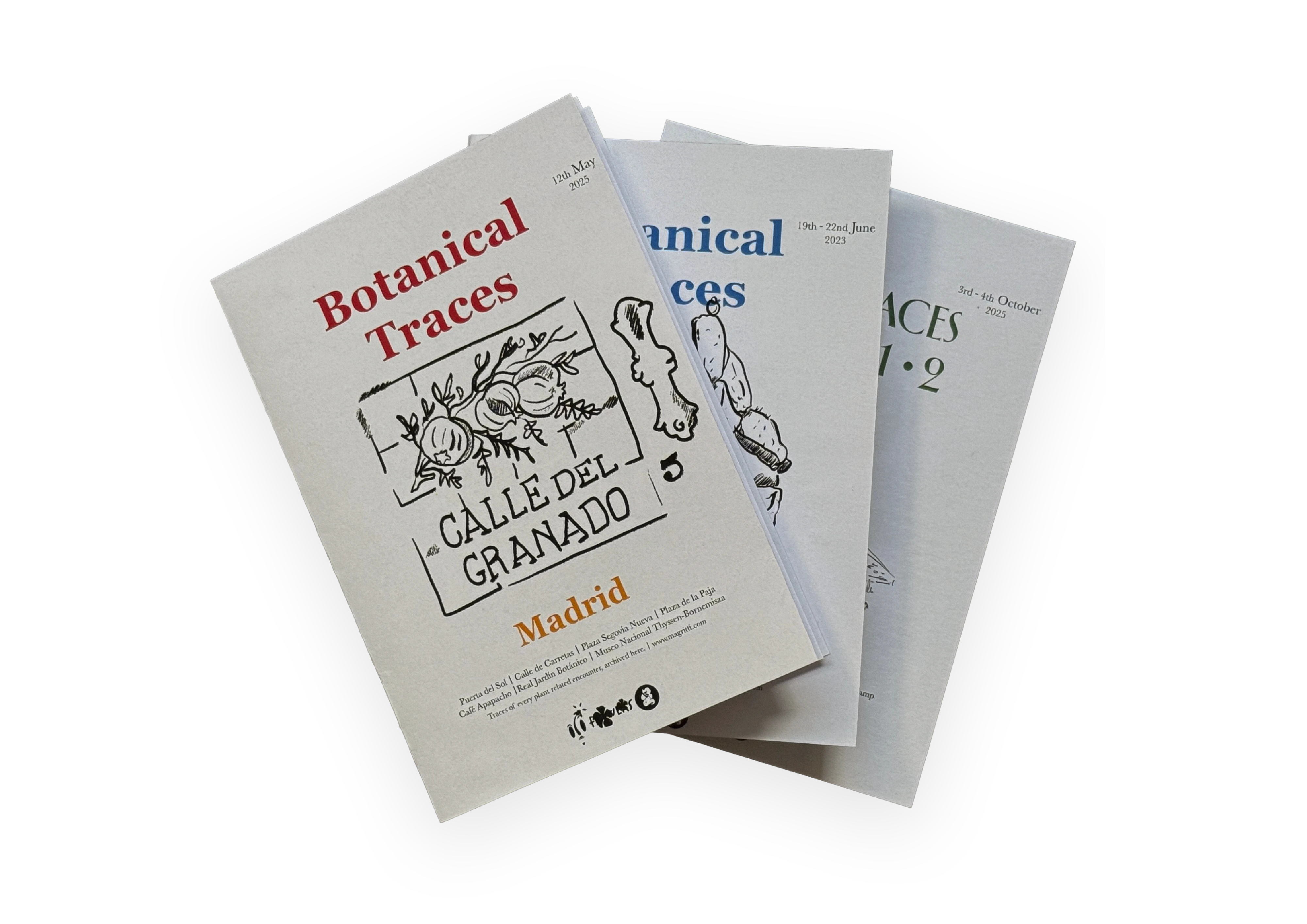 Three saddle-stitched booklets fanned out on white, each with a coloured title in red, blue and green and a pencil drawing on the cover.