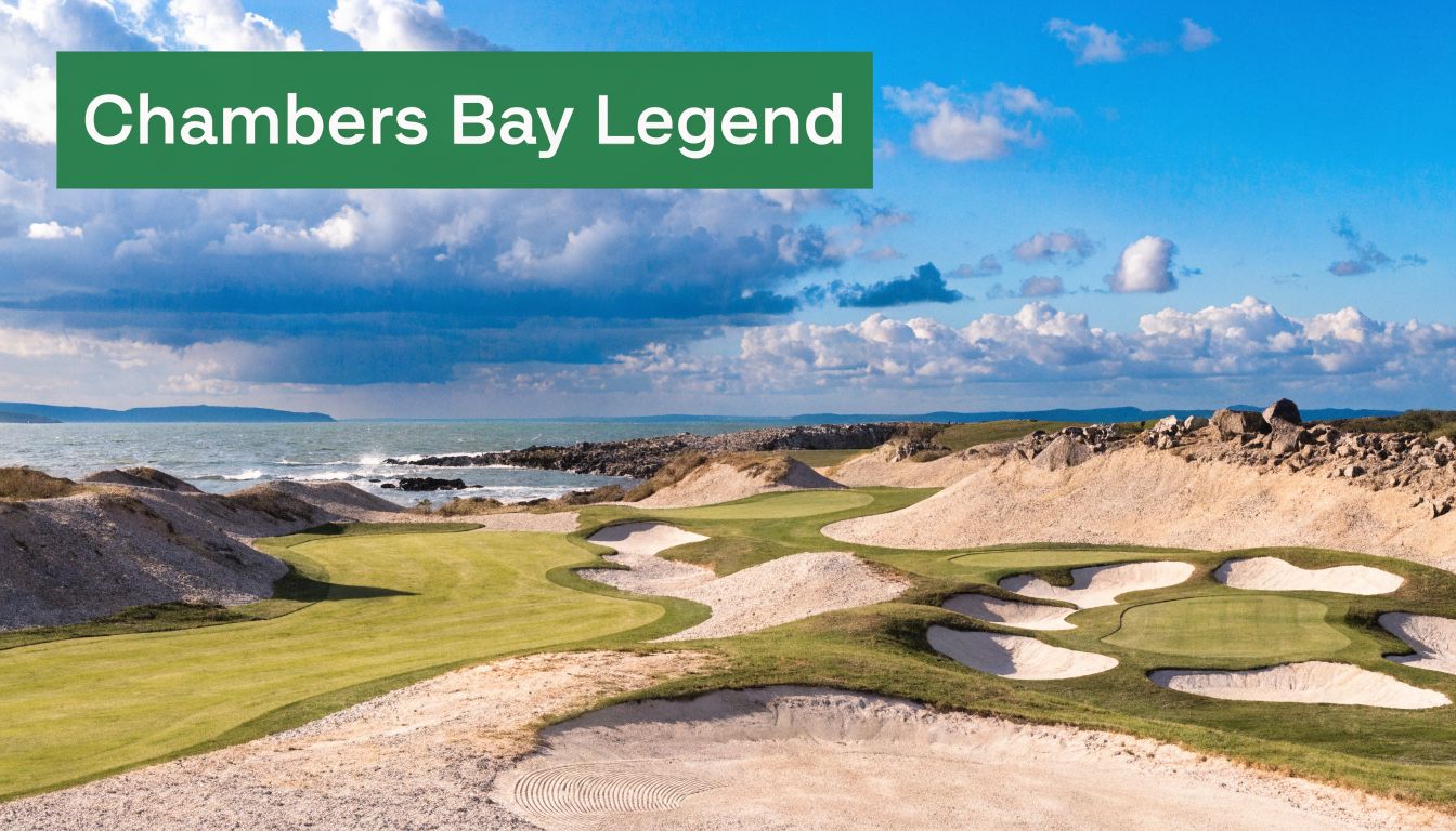 A scenic view of a beautiful seaside golf course with sand bunkers and blue sky.