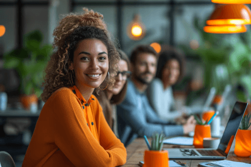 Grupo diverso de pessoas em pé, sorrindo e posando para a foto em frente a uma grande janela de escritório. A imagem transmite um ambiente acolhedor e colaborativo, refletindo a alegria e a união do grupo.