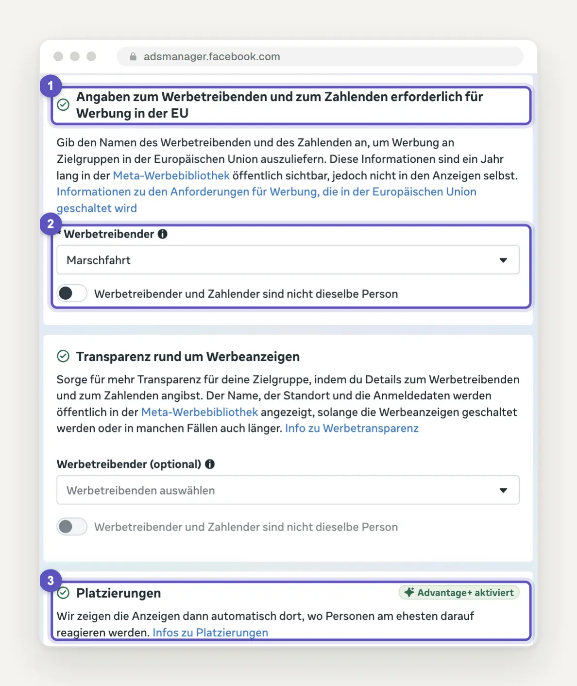 Pflichtblock für Werbung in der EU im Werbeanzeigenmanager mit dem Pflichtfeld Werbetreibender und dem Schalter, wenn Werbetreibender und Zahlender nicht dieselbe Person sind, darunter die Platzierungen mit Advantage+.