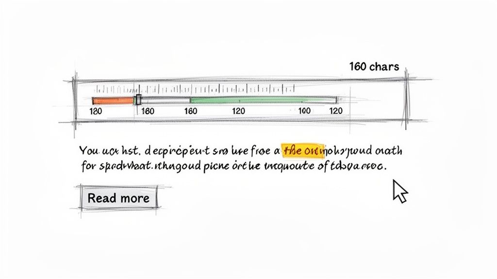 A hand-drawn interface displays a character counter with a slider, highlighted text, and a 'Read more' button.