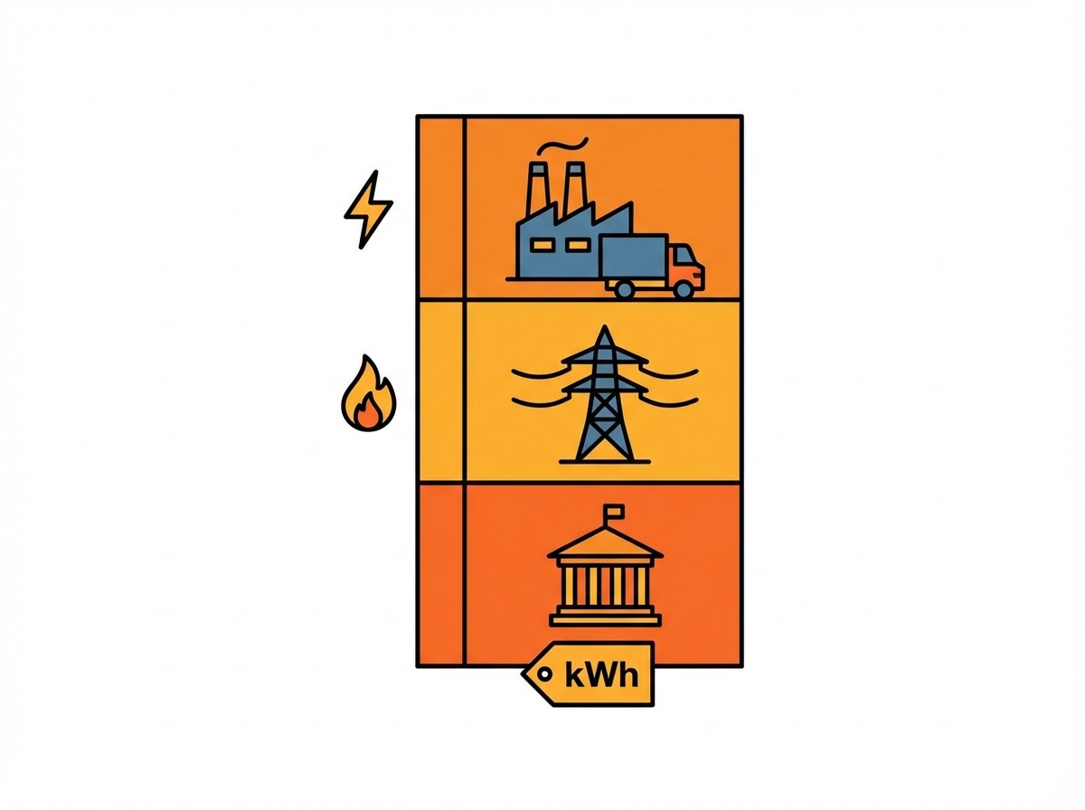 Grafik: Oben Fabrik, mittig Strommast, unten Säulengebäude. Daneben Symbole für Strom und Feuer, unten ein Preisschild mit „kWh“.