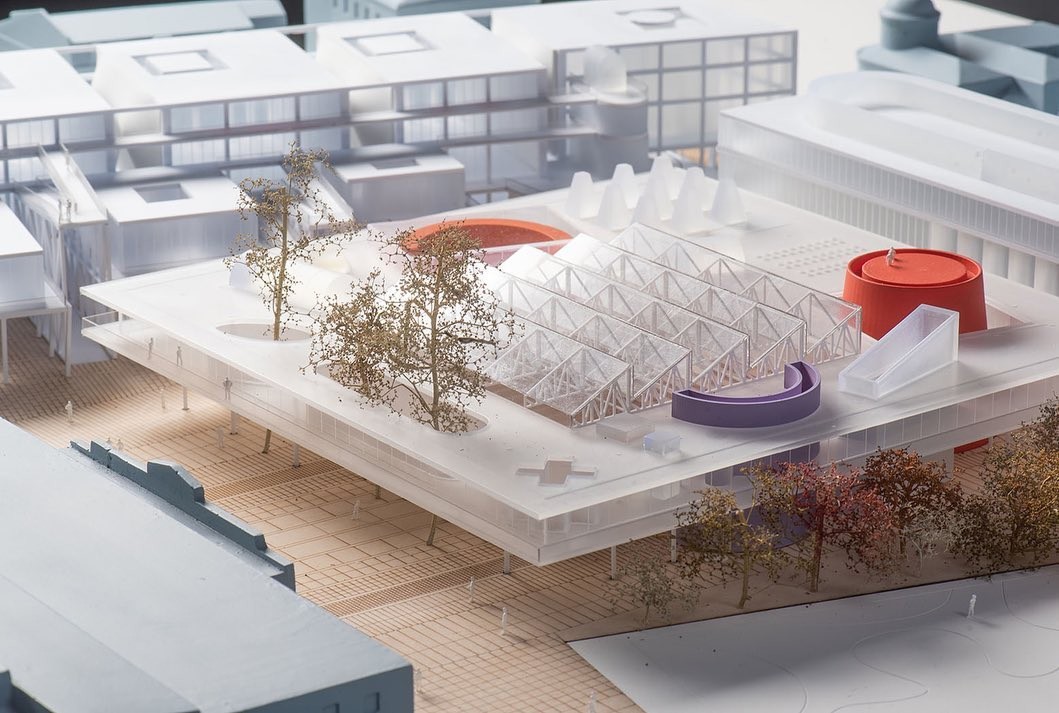 Miniature model made out of acrylic plastic with miniatures trees