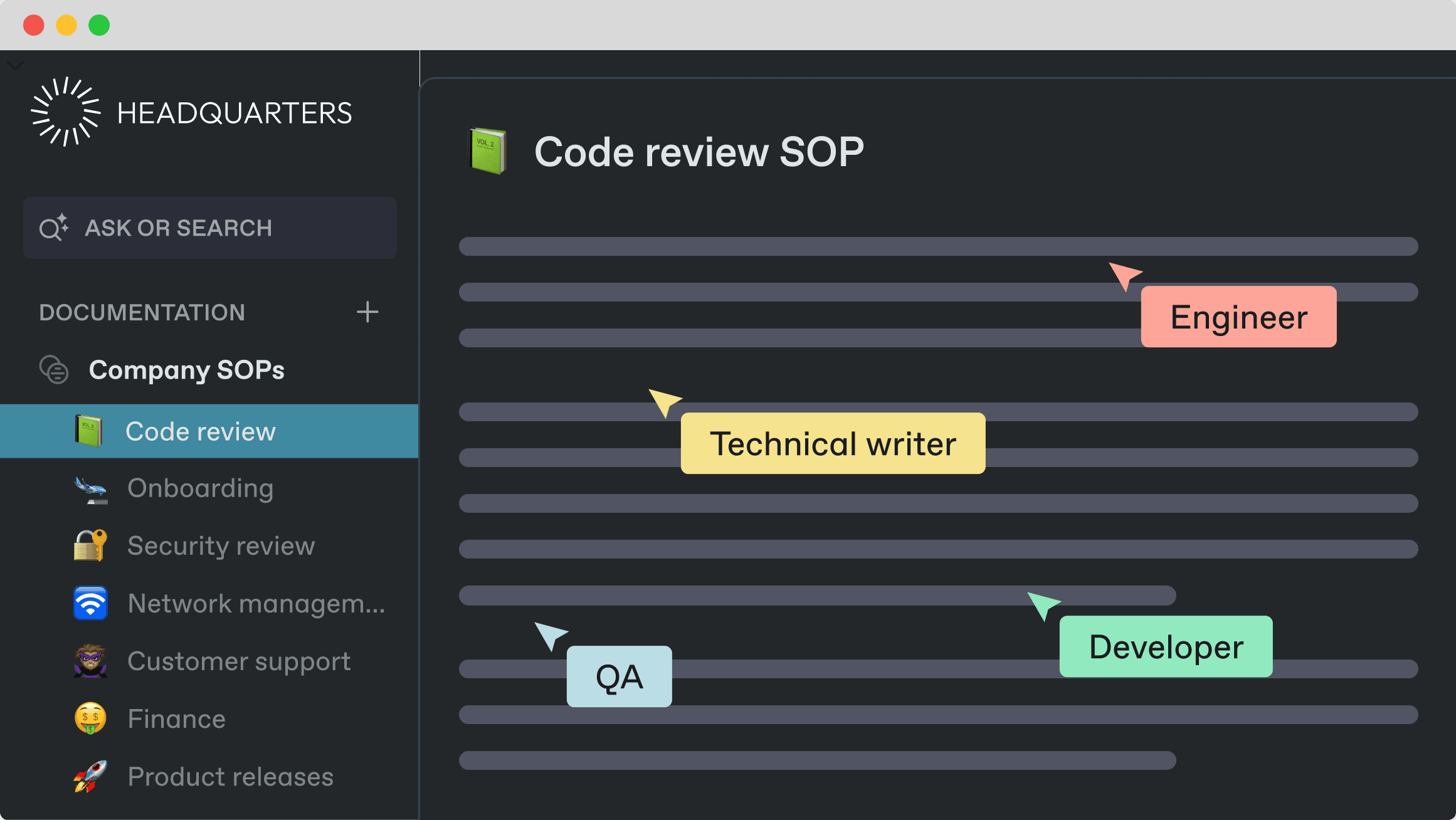 An illustration showing multiple team members collaborating on a code review SOP document in GitBook