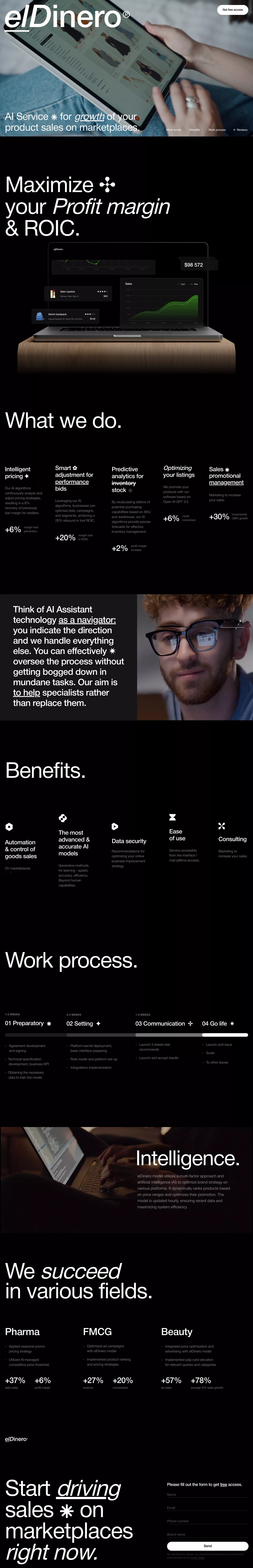 elDinero.ai landing page screenshot showcasing Tech and Ecommerce design