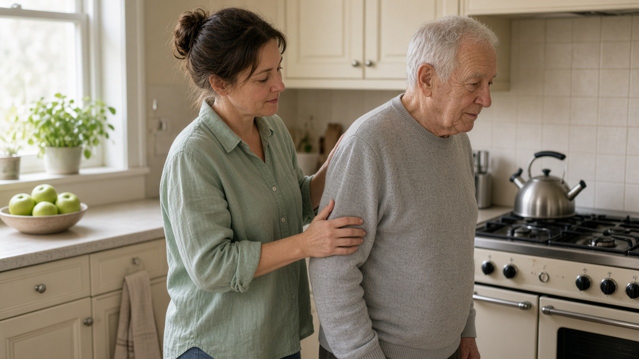 This image shows a middle-aged woman gently supporting an elderly man in a domestic kitchen setting. The caregiver is placing her hands reassuringly on the man's upper arms, indicating attentiveness and assistance. The elderly man appears contemplative or forgetful, suggesting possible cognitive decline or confusion. The kitchen environment includes a gas stove, a stainless steel kettle, and a bowl of green apples on the countertop, which provides context for everyday living. This image can be used to illustrate themes related to elder care, memory care, and awareness of warning signs indicating when additional support or memory care services might be required.