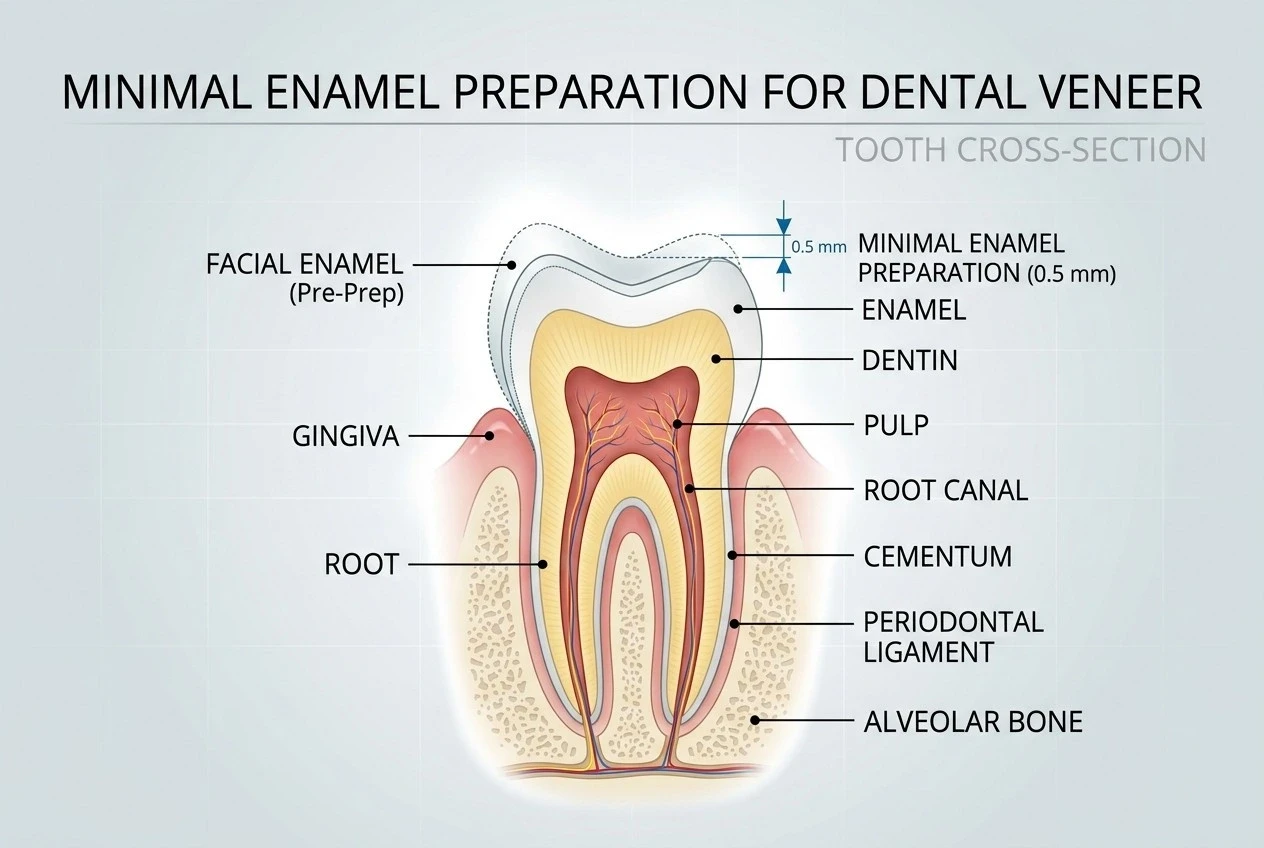 Dental veneer tooth preparation showing minimal enamel removal of 0.5 to 1.0 mm