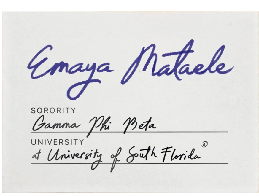 Info card reading “Emaya Mataele”; Sorority: Gamma Phi Beta; University: at University of South Florida.