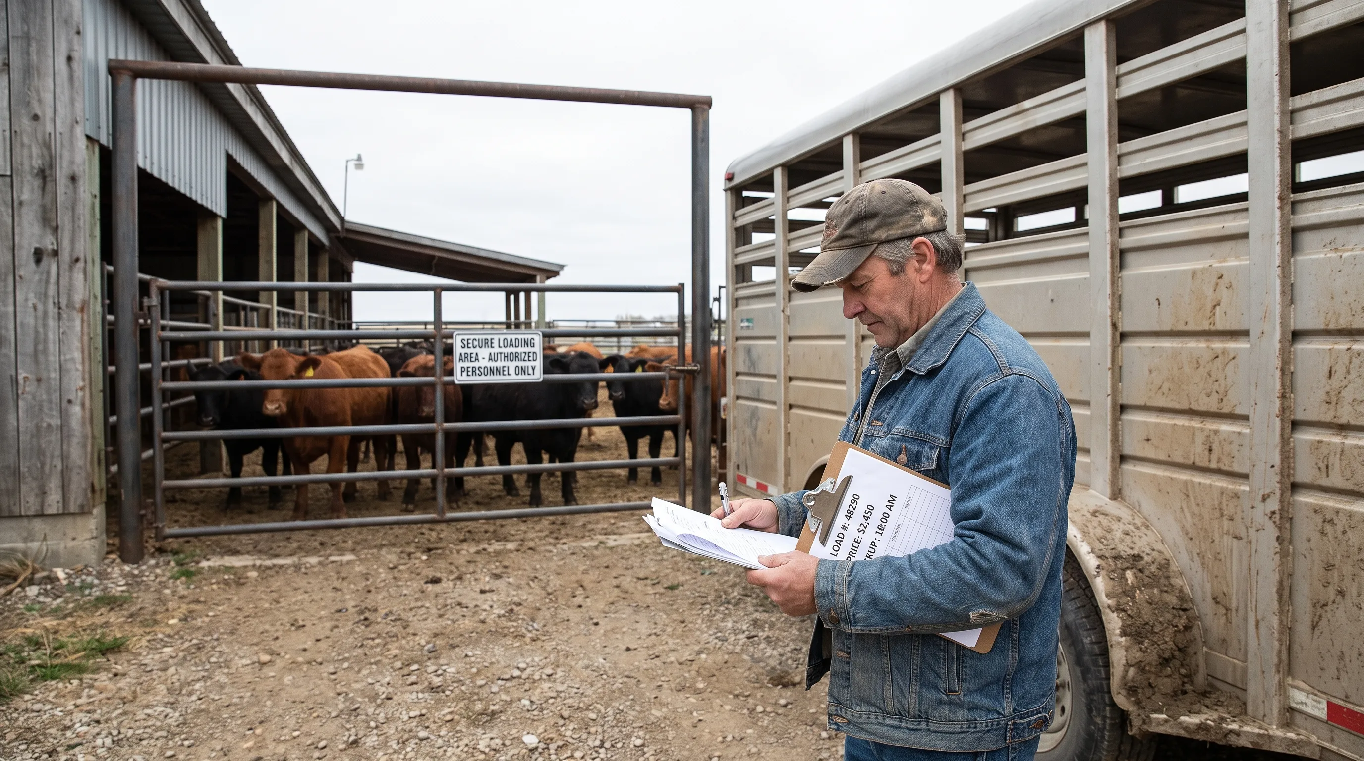 A hauler reviews the written load price and pickup terms beside a parked cattle trailer, with cattle waiting behind the loading facility's secure gate.