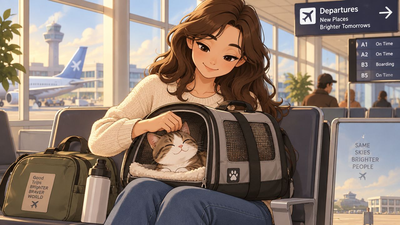 A young woman smiling while gently petting her happy cat inside a travel carrier at the airport.