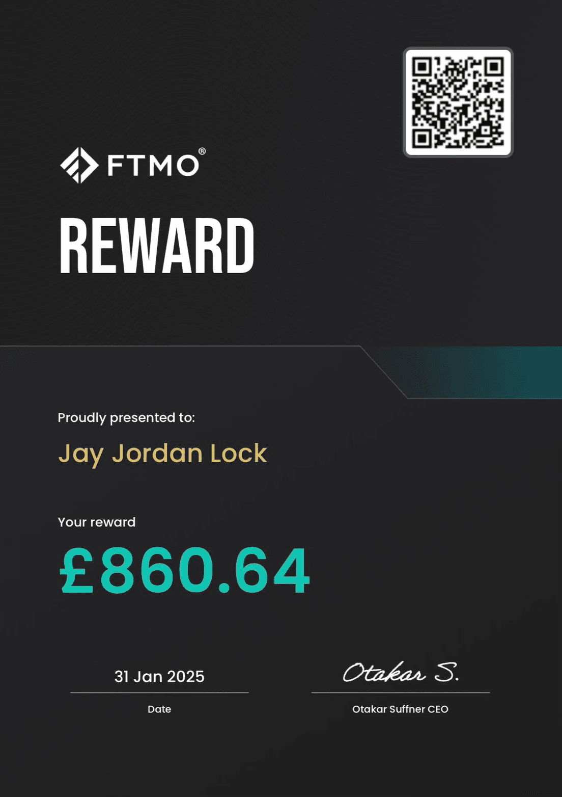 FTMO reward certificate awarded to Evo X member Jay Jordan Lock, £860.64 payout