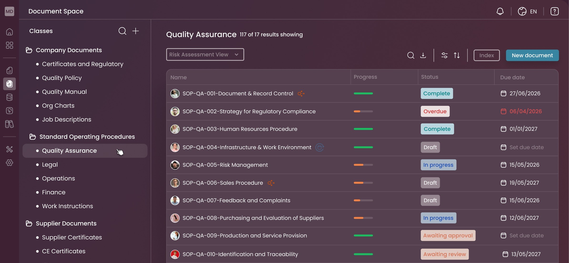 Playbook® eQMS: Quality Assurance SOPs with status, owners and due dates