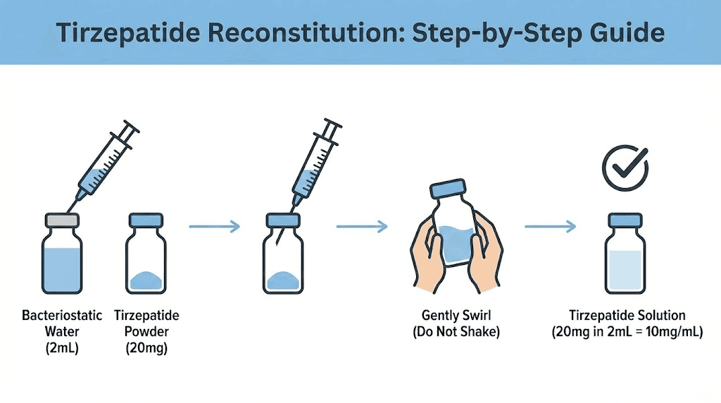 Tirzepatide reconstitution process showing how water volume determines concentration