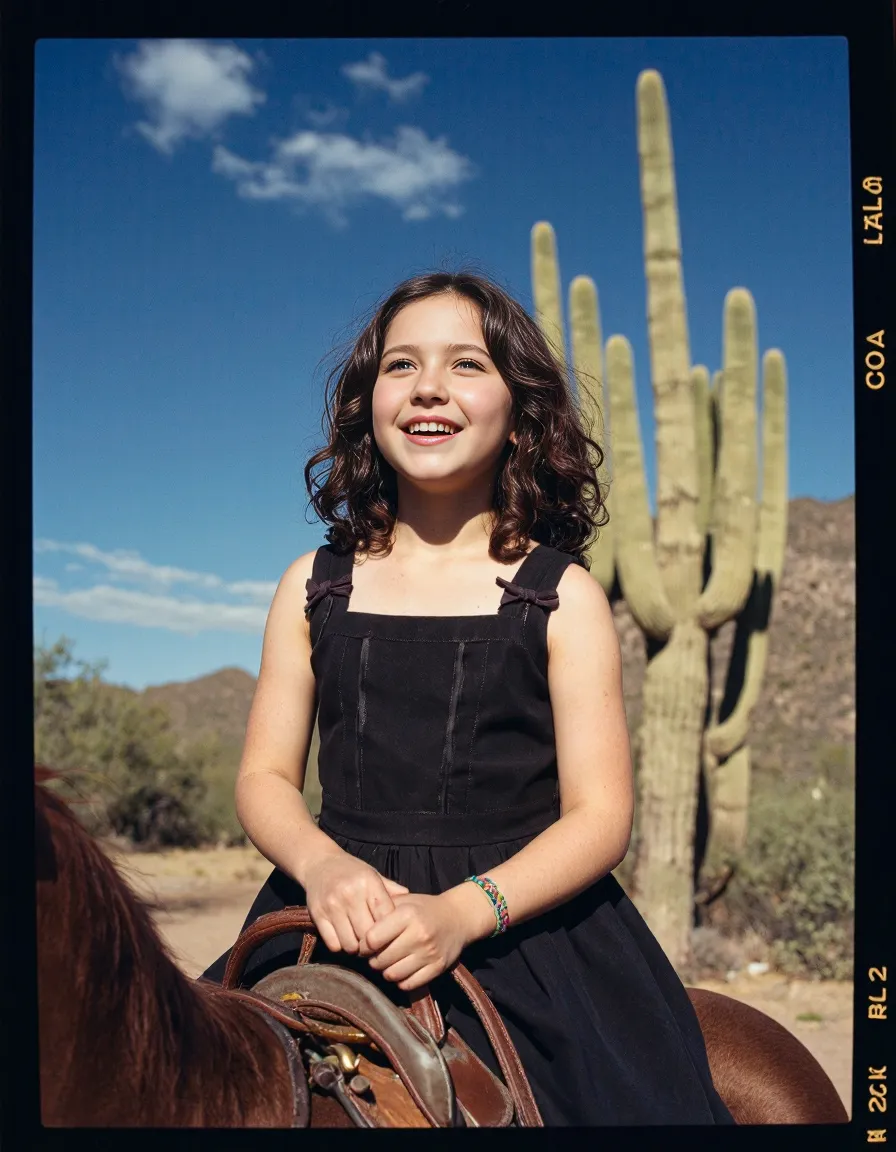 Sun-drenched desert scene with a joyful smile, black summer dress, and towering saguaro cactus against vibrant blue sky