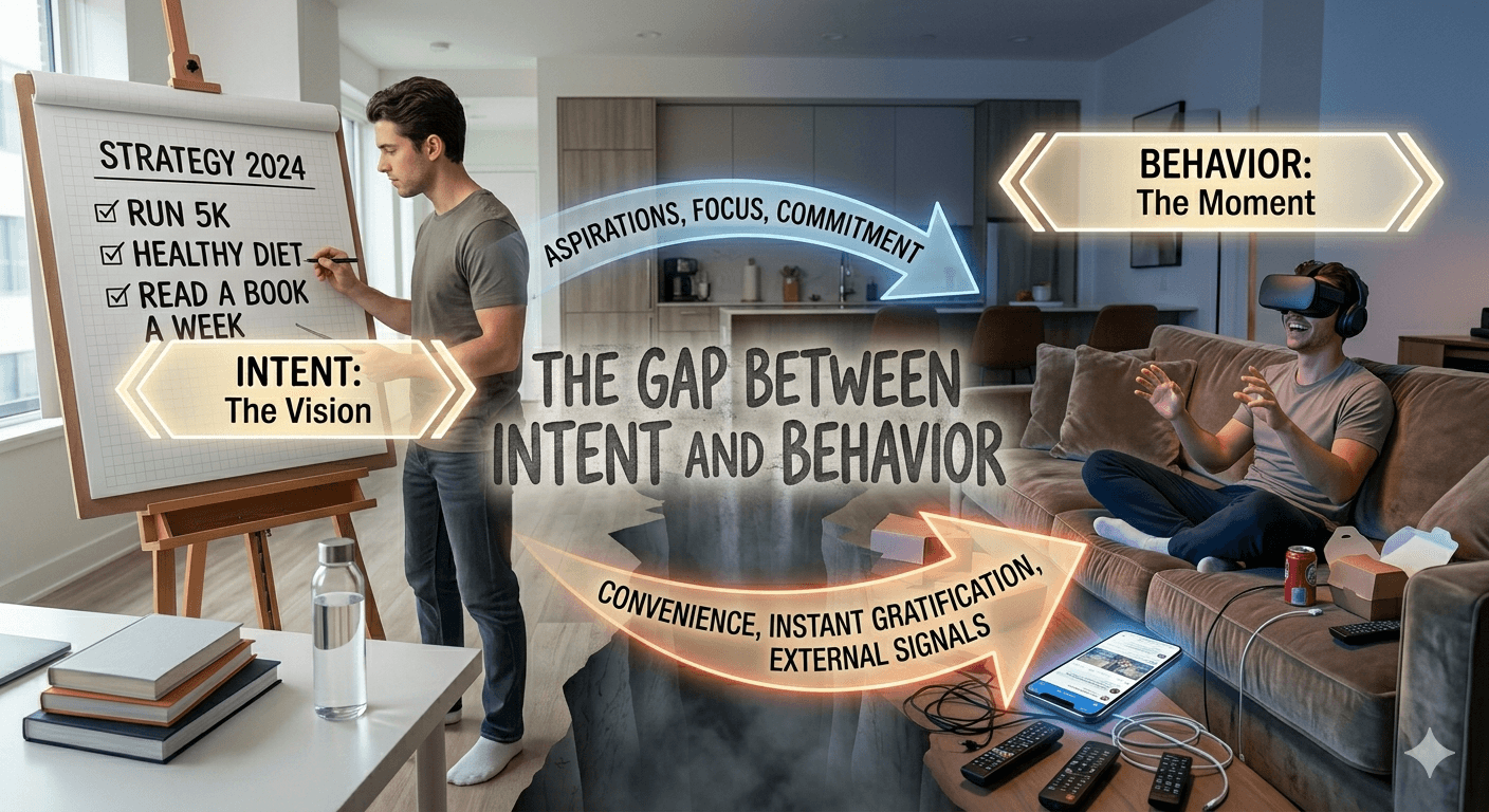 Split-scene illustration showing a person planning goals like fitness and reading on one side, contrasted with relaxed behavior on the other, highlighting the gap between intention and real-life actions.