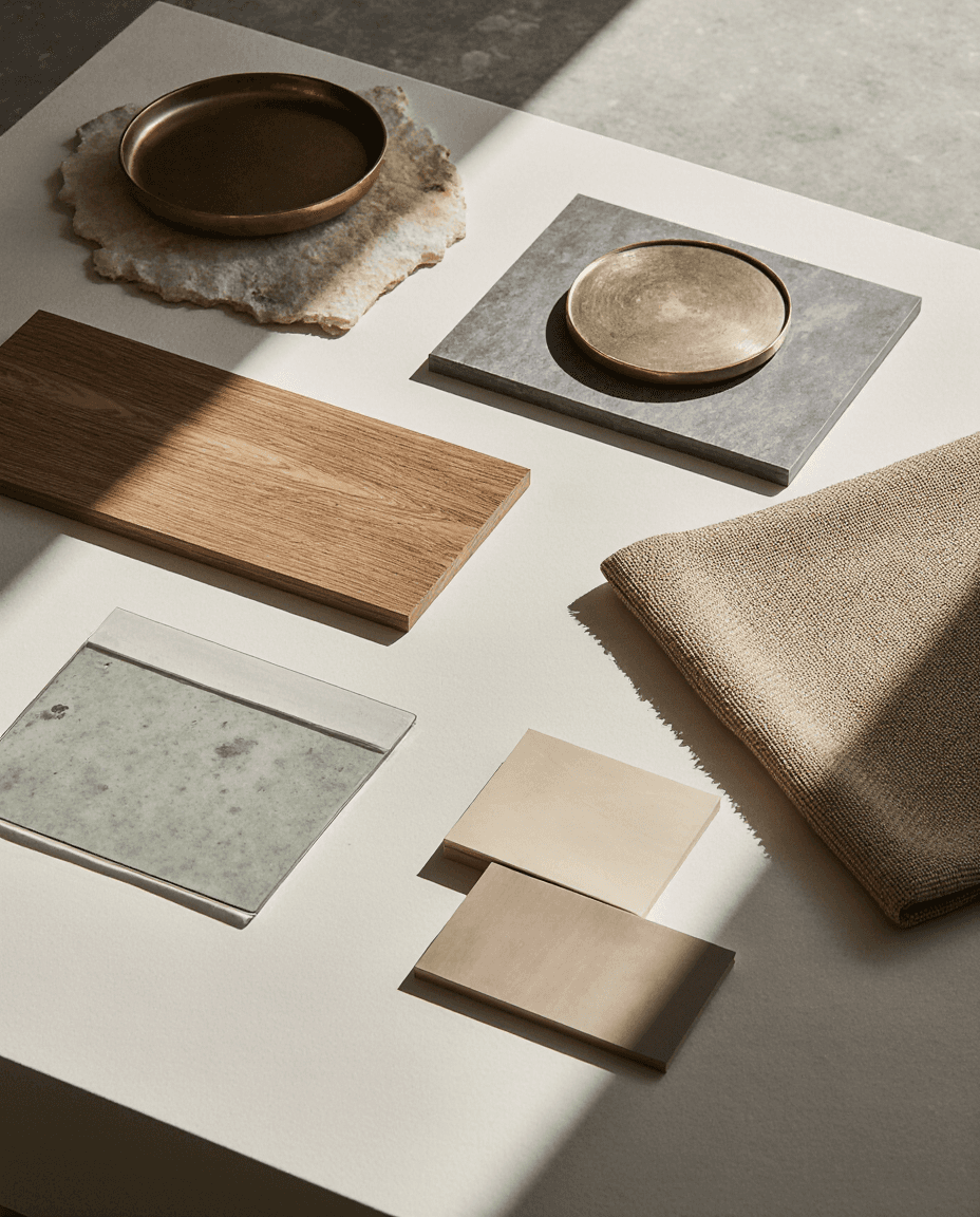 Selection of interior materials on a table, including wood, brass, glass, stone and fabric samples in natural light.