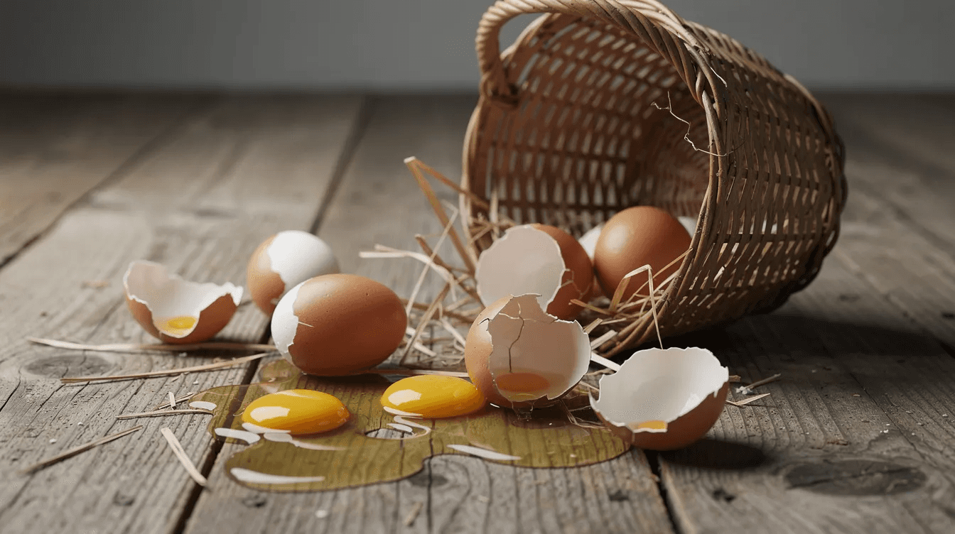 The image depicts a cracked basket with several eggs that have fallen and broken on the ground, symbolizing the potential pitfalls of financial management and concentration risk. This scene serves as a metaphor for how sudden wealth can lead to a single point of failure in one's financial plan, emphasizing the importance of portfolio diversification to avoid financial stress and ensure long-term stability.