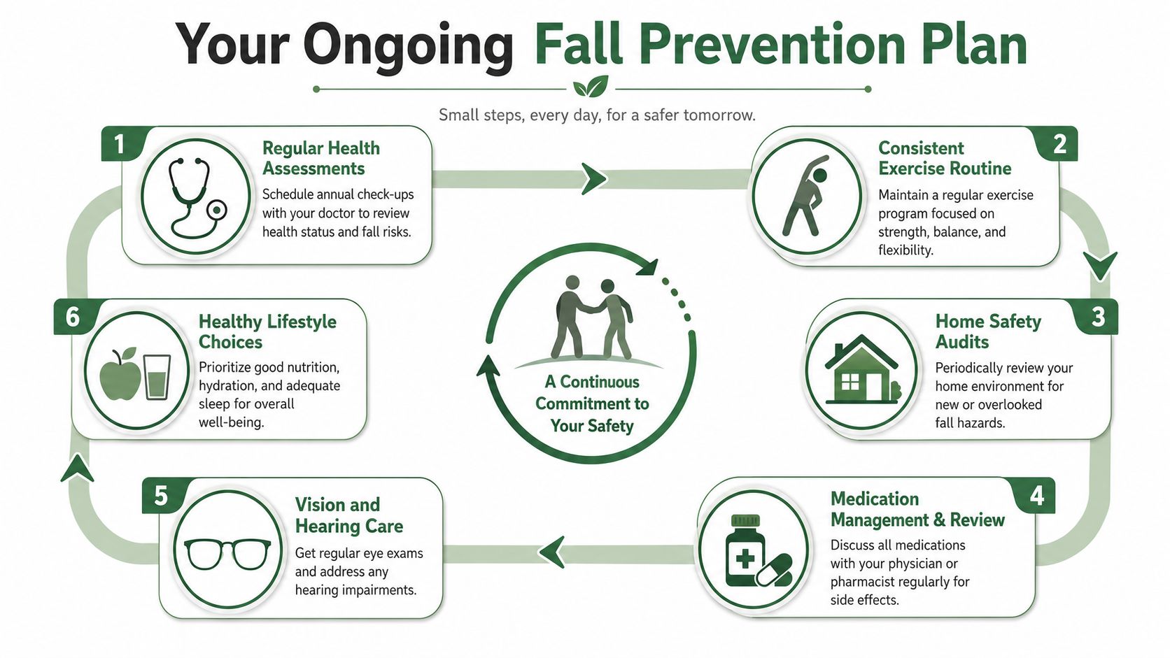 An infographic titled Your Ongoing Fall Prevention Plan illustrating six essential steps for seniors to prevent falls.