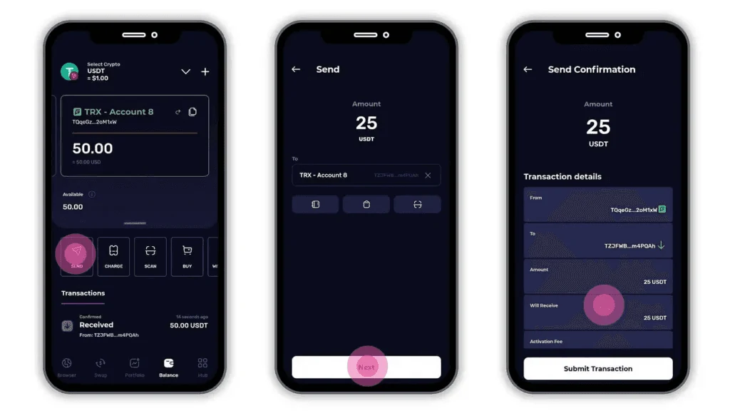 Mobile wallet screens: account balance, USDT send flow, and transaction confirmation with activation fee