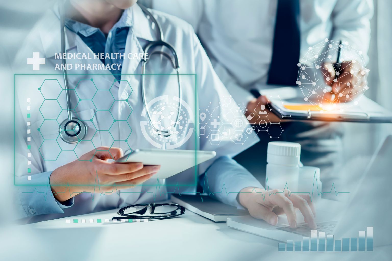 Medical doctor working on virtual interface icons