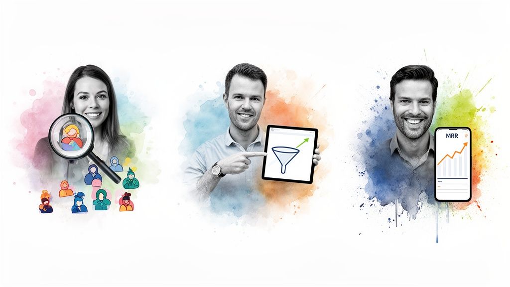 Three business professionals illustrating customer analysis, sales funnel optimization, and revenue growth.