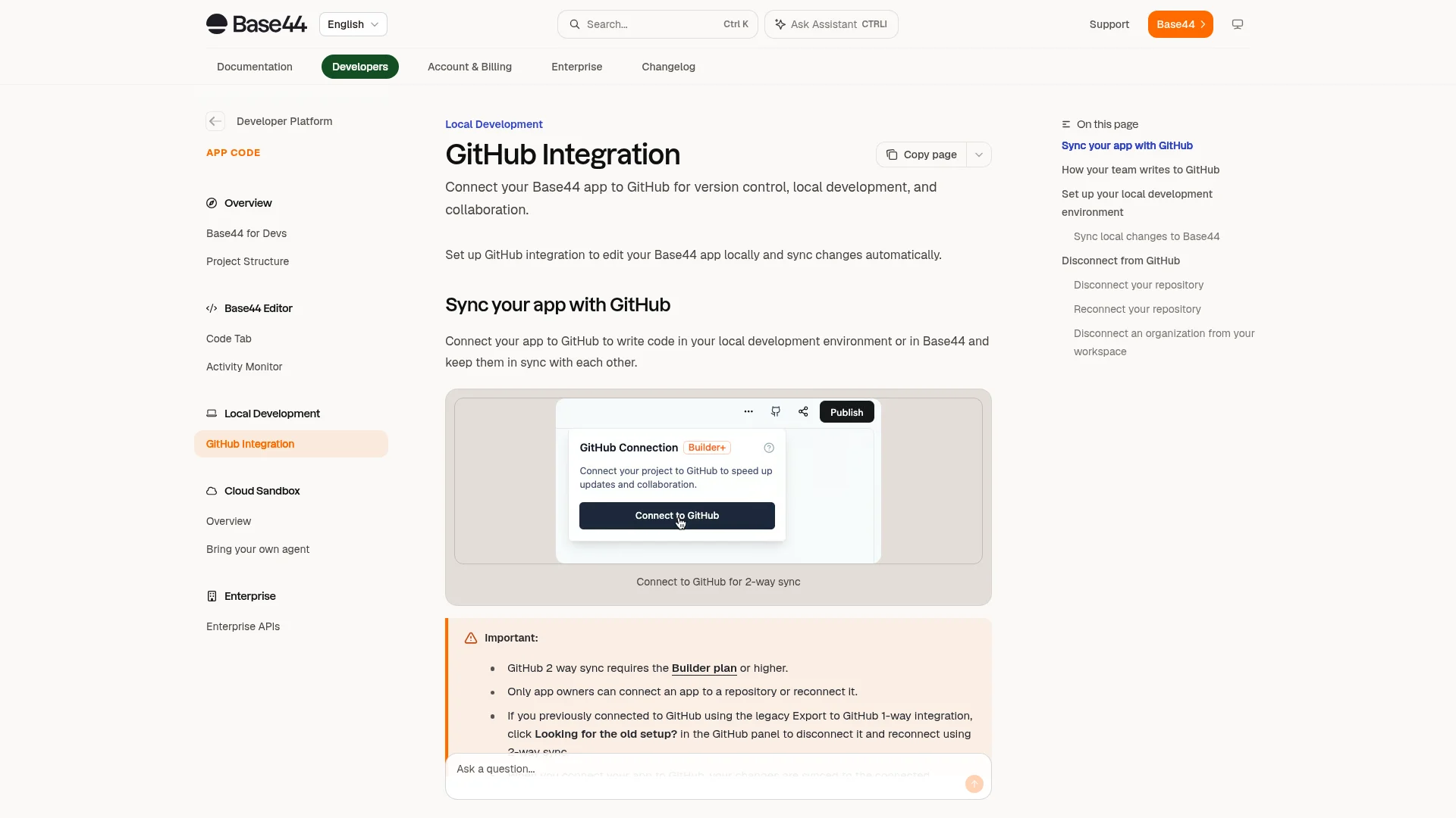 Base44 GitHub Integration docs showing the Connect to GitHub button and the Builder plan requirement