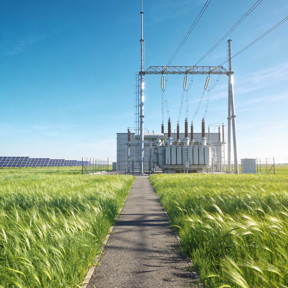 Electrical substation and transmission lines in green farmland