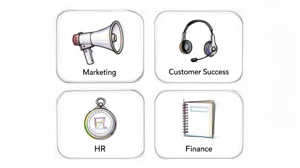 Sketch-style icons depicting marketing, customer success, HR, and finance departments in a grid.