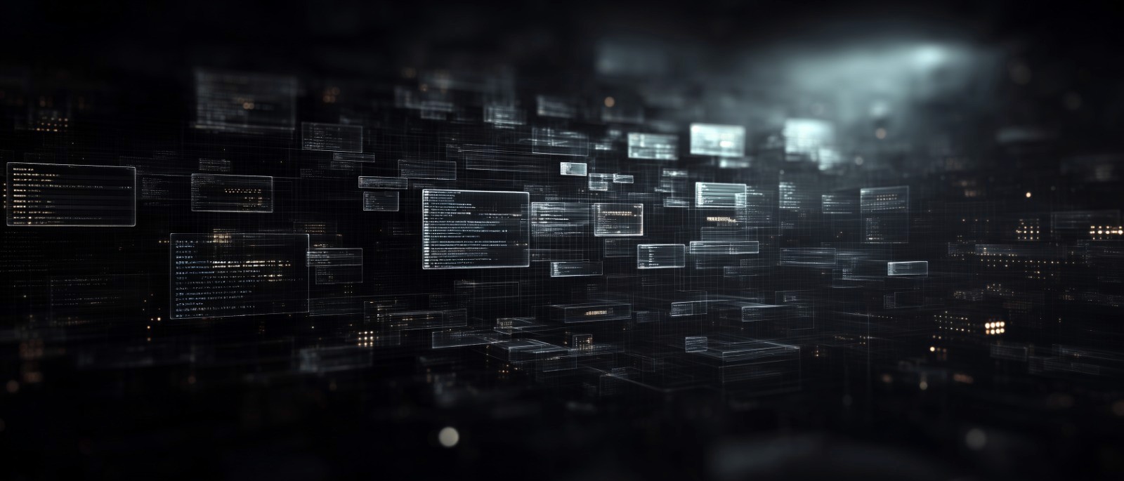 Dark digital environment filled with floating translucent interface panels and data windows, suggesting a document and tracking API visualizing connected records and real-time information flows.