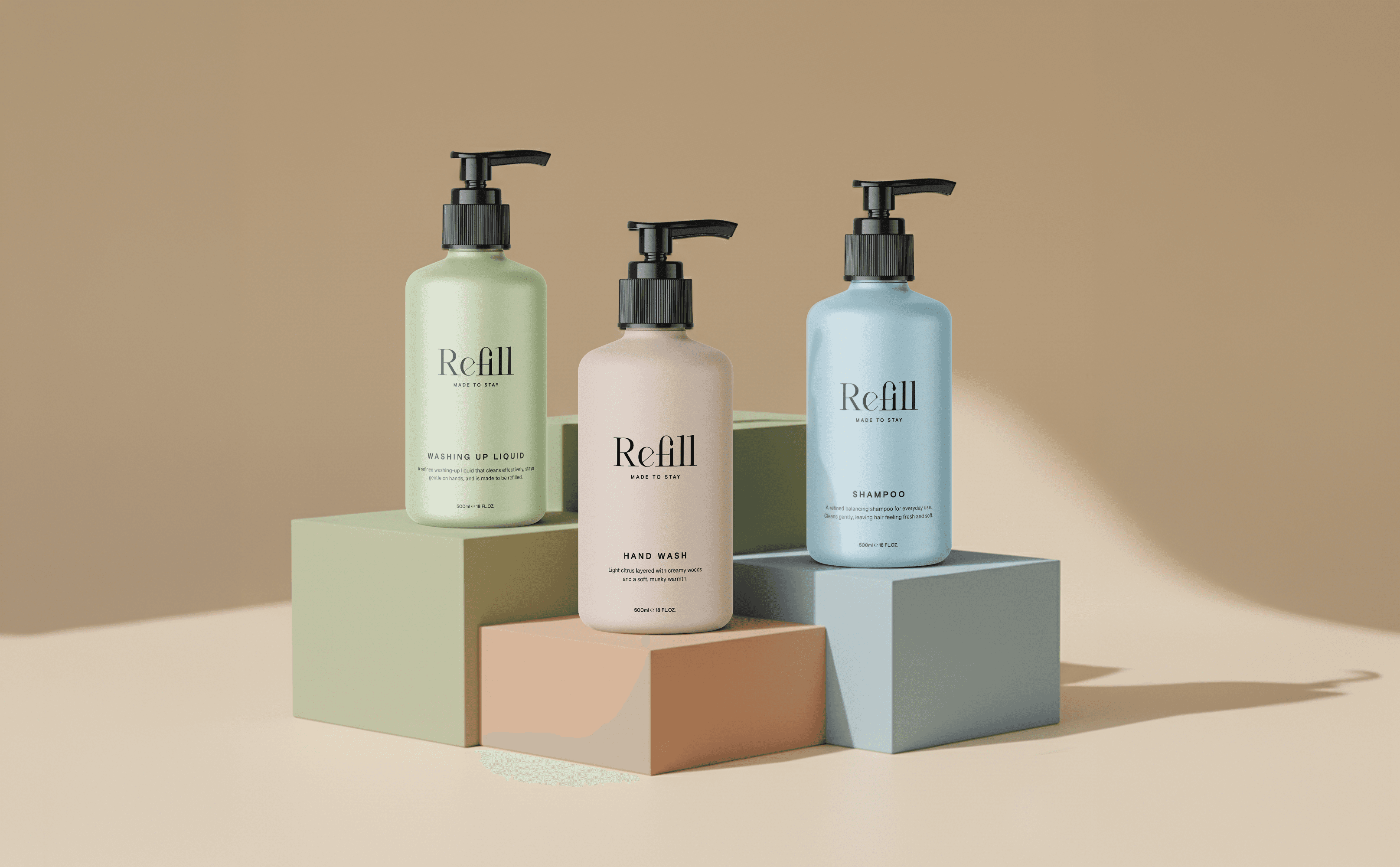 Refill project detail: Brand identity and packaging for REFILL, a refillable household brand designed to make sustainable choices feel simple, considered and ac