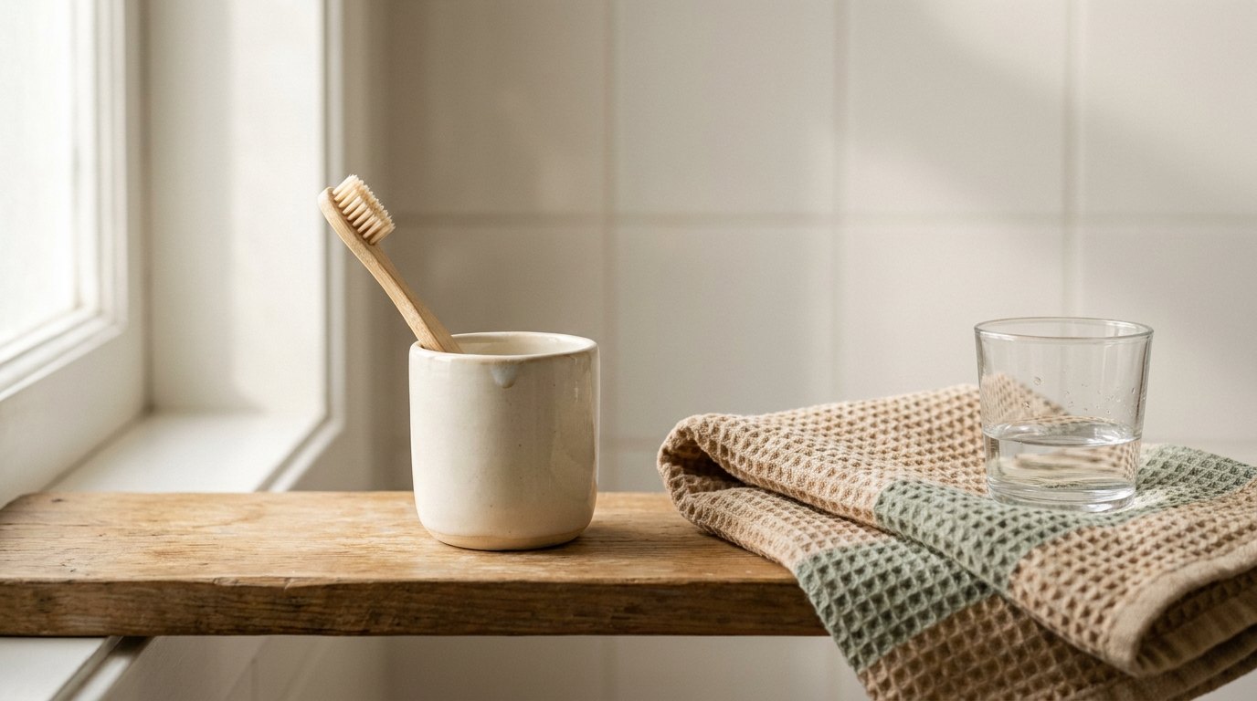 A child-size toothbrush in a ceramic cup beside a folded towel and a glass of water