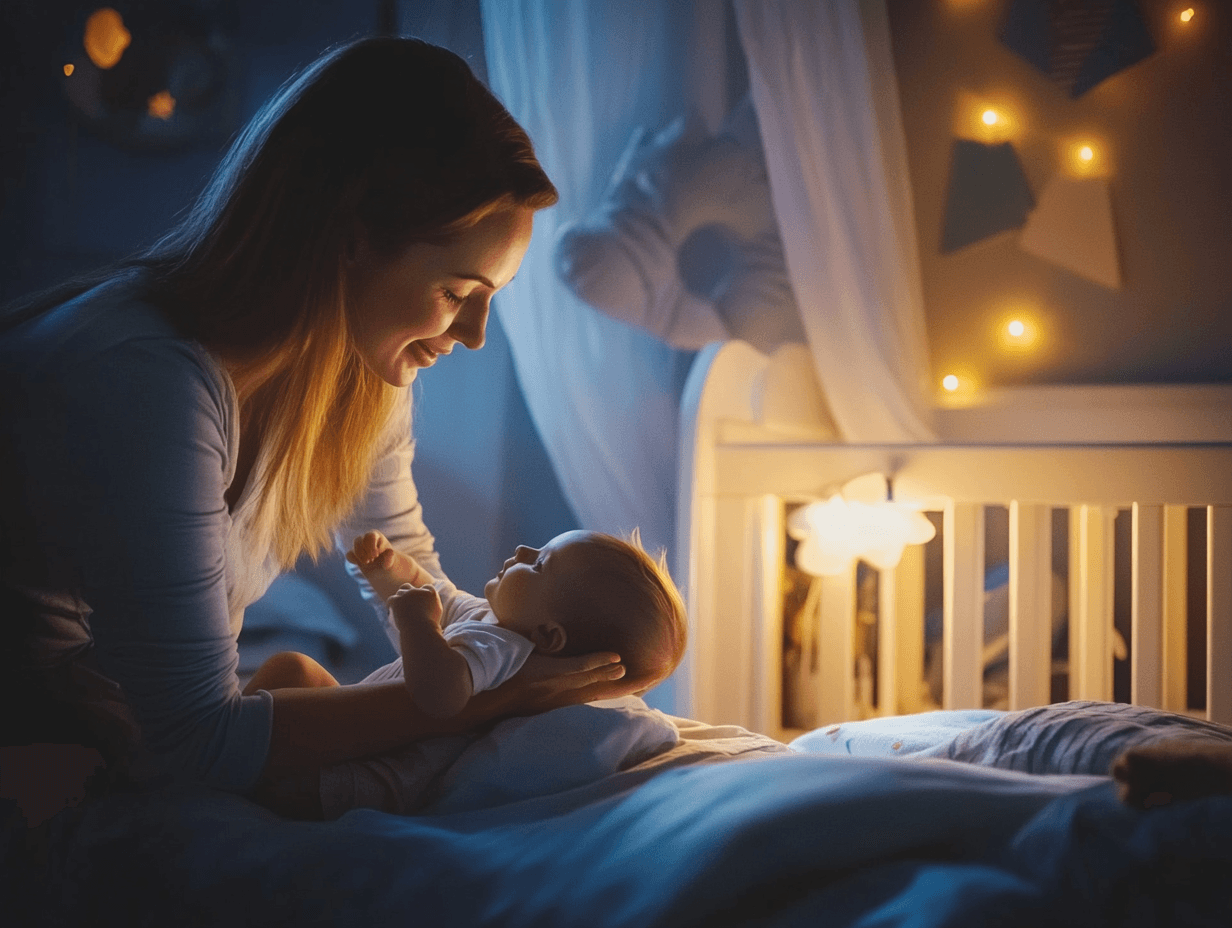 Mother putting her baby into crib for the night