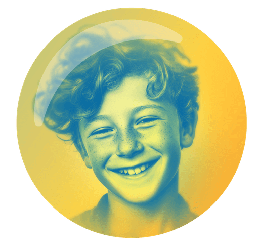 A smiling child with curly hair, set against a vibrant yellow and blue circular background.