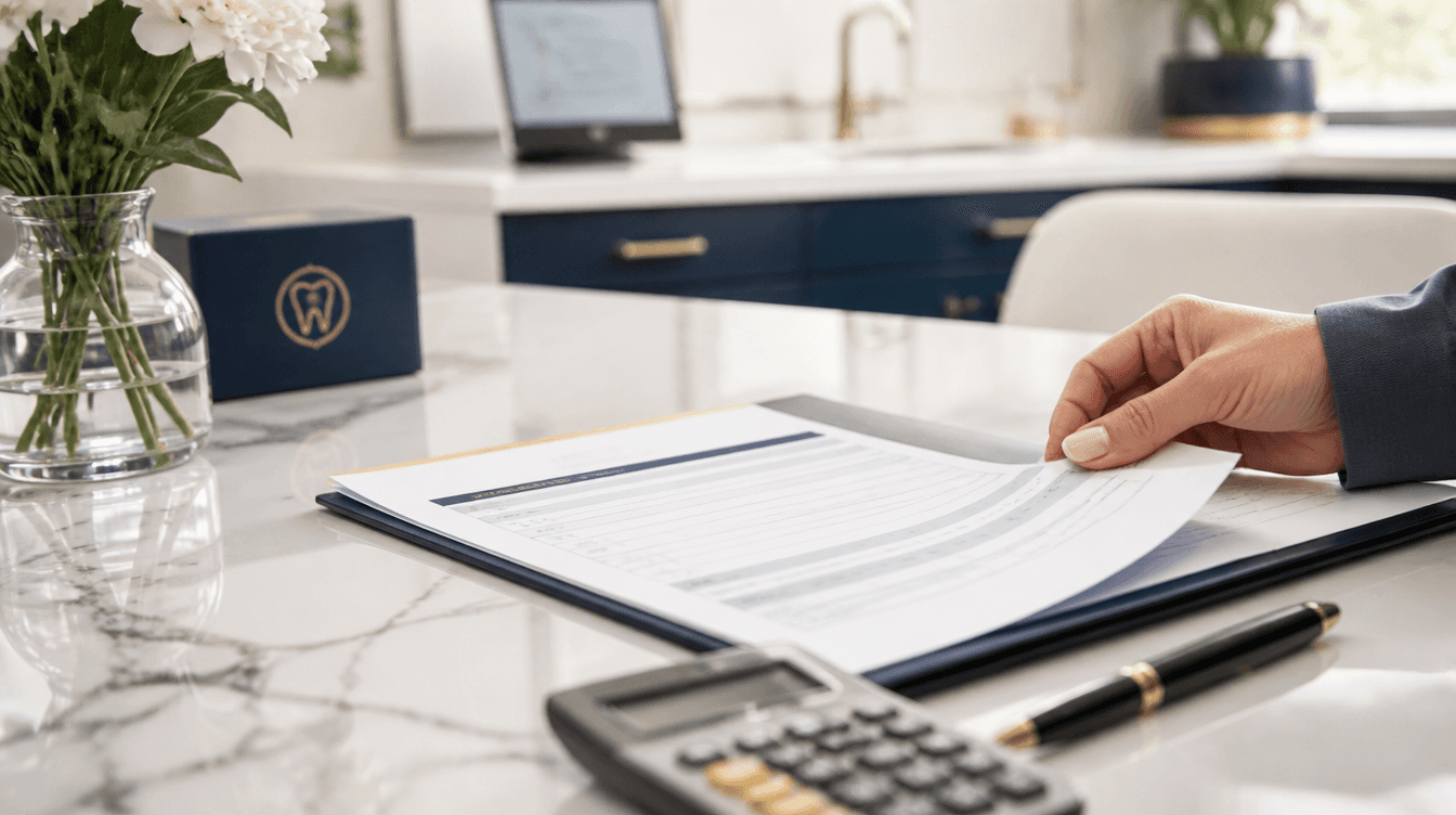 An itemized All-on-4 treatment plan with a calculator on a marble consultation desk at Smyrna Dental Studio