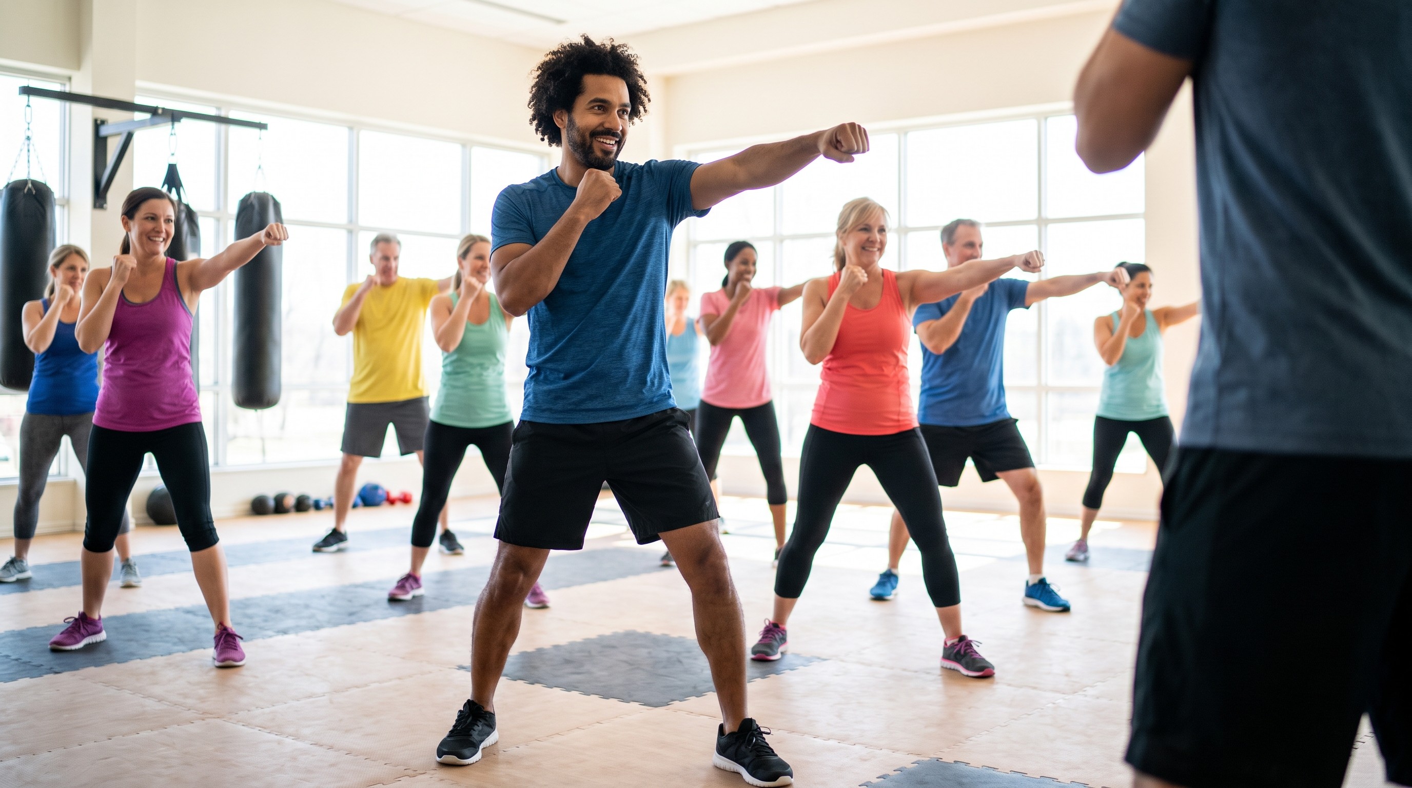 partecipanti adulti a lezione di Fit-Boxe in palestra luminosa eseguono combinazione di pugni con espressione concentrata